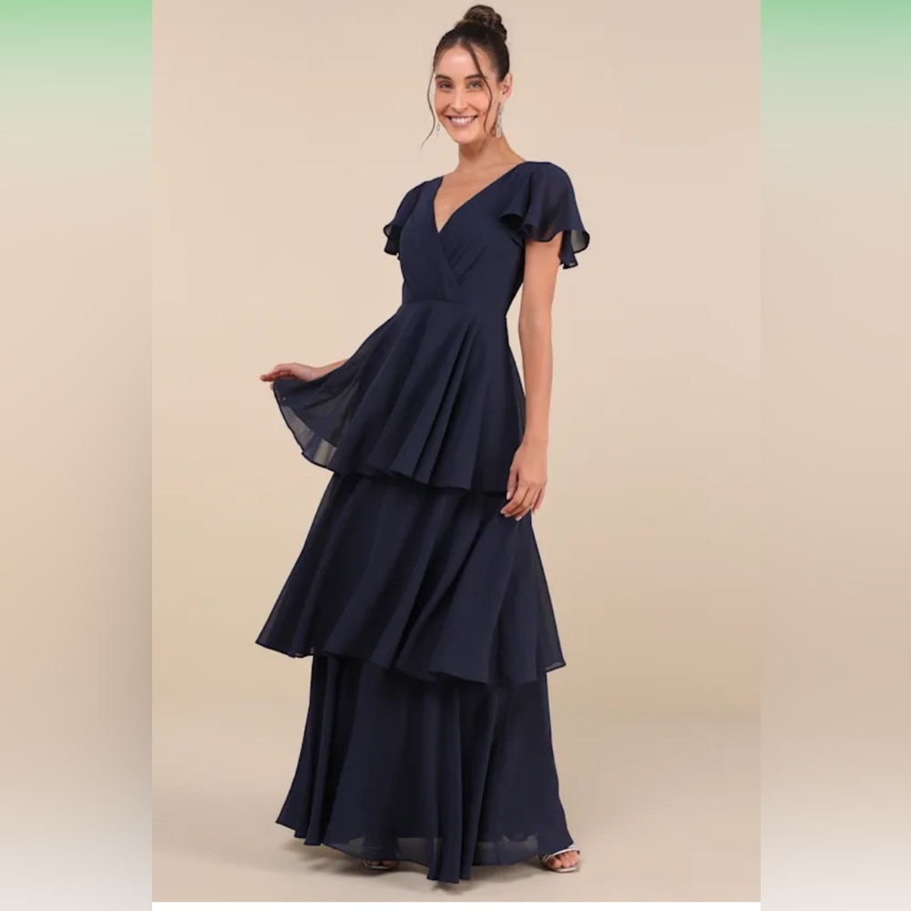 NWT Lulus Sincerely Exquisite Navy Blue Short Sleeve Tiered Maxi Dress